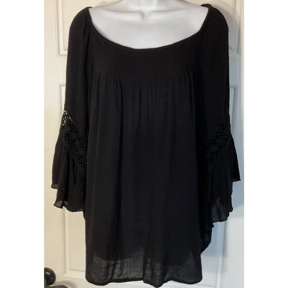 Cato Black Loose/Tunic 3/4 Sleeve w/ Embroidery Accent Elastic Neck Top XL - Picture 1 of 7
